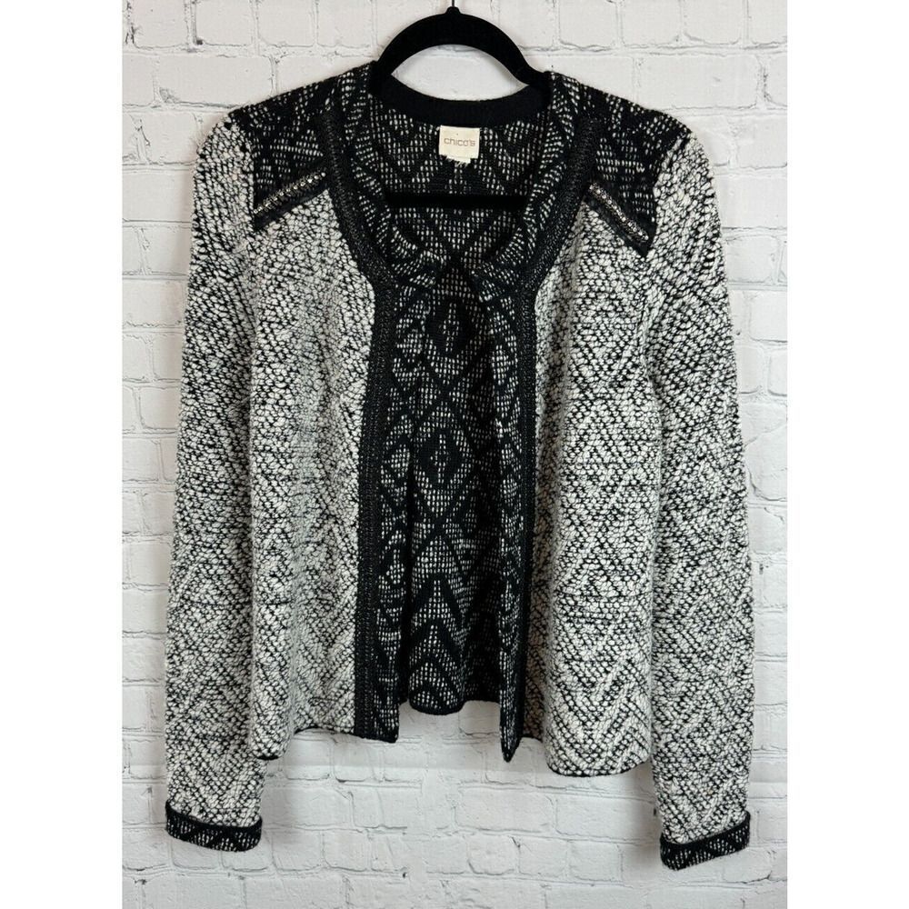 CHICO'S black white wool blend beaded crystal open front knit cardigan blazer M